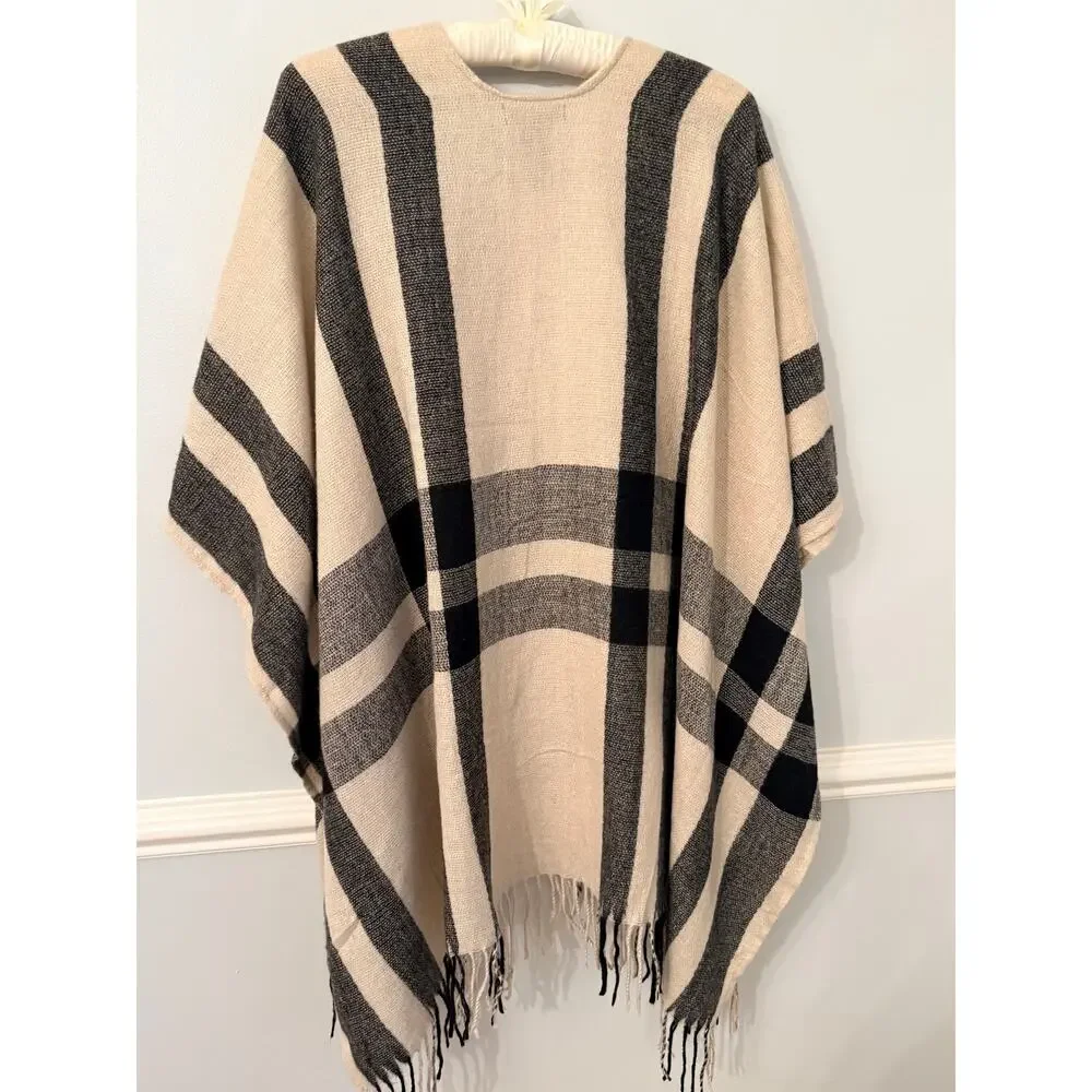 Banana Republic Erin Plaid Fringe Ruana Poncho Cashmere Blend OS NWT